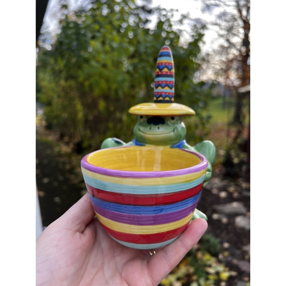 Boston Warehouse Frog Bowl with Sombrero Spreader Bright Ceramic ~ Cinco De Mayo